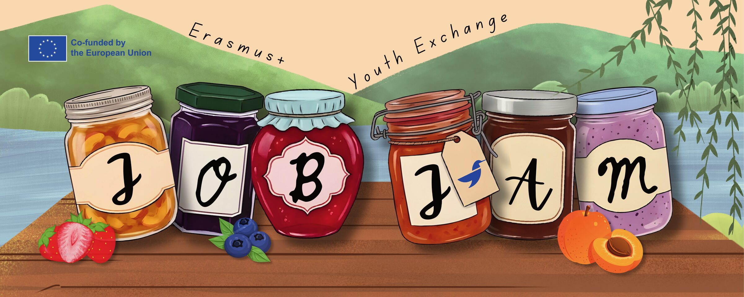 Job Jam, Erasmus+ Youth Exchange: six jam jars spelling JOB JAM on a wooden table by a lake